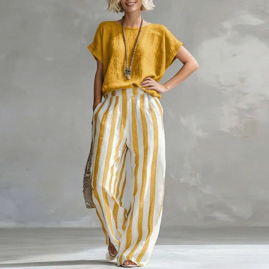Women's Linen Boxy Top & Striped Wide-Leg Trouser Set