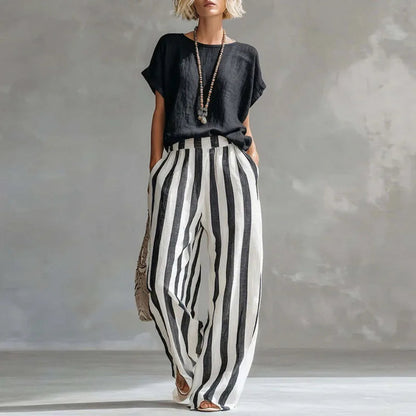 Women's Linen Boxy Top & Striped Wide-Leg Trouser Set