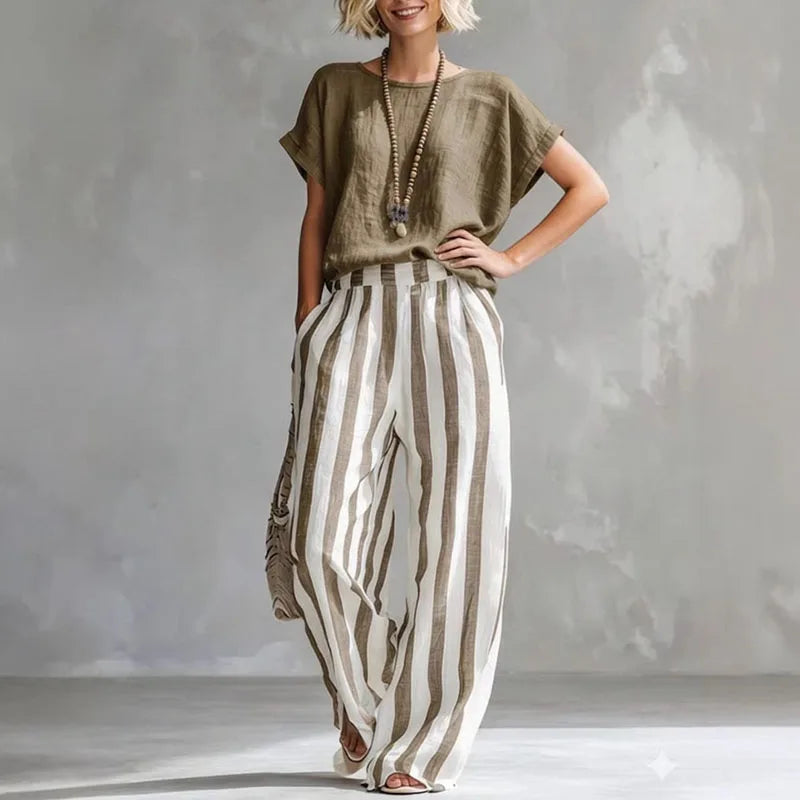 Women's Linen Boxy Top & Striped Wide-Leg Trouser Set