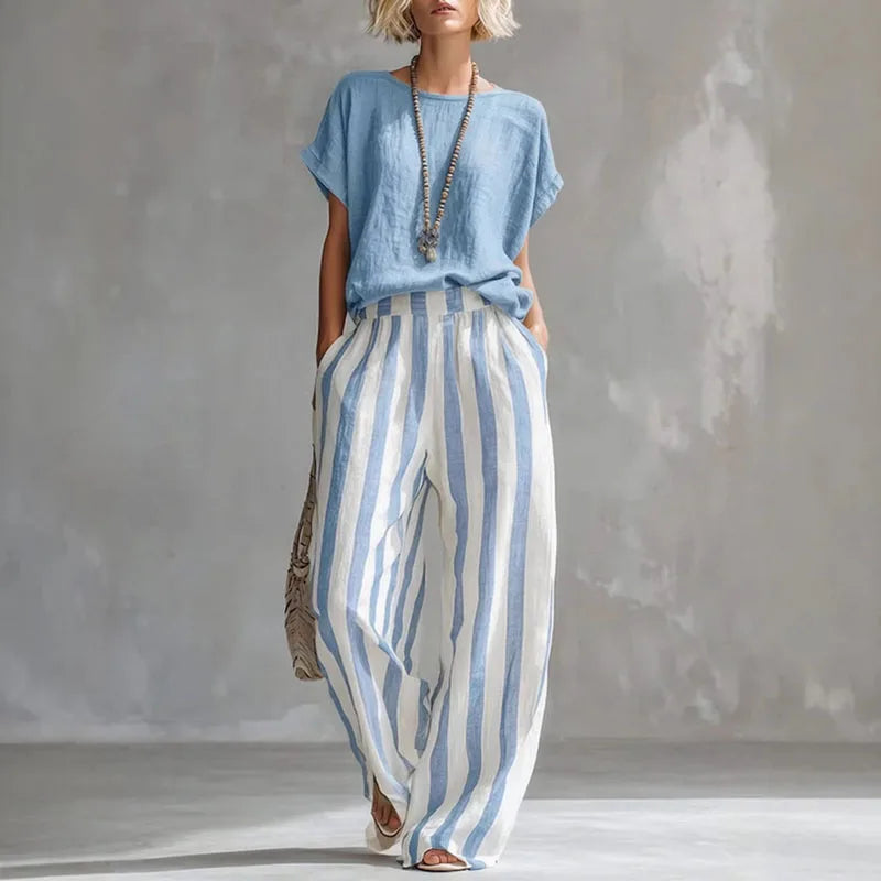 Women's Linen Boxy Top & Striped Wide-Leg Trouser Set