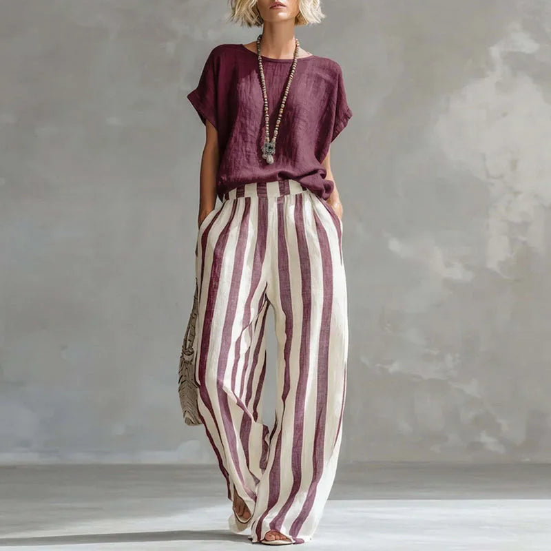 Women's Linen Boxy Top & Striped Wide-Leg Trouser Set