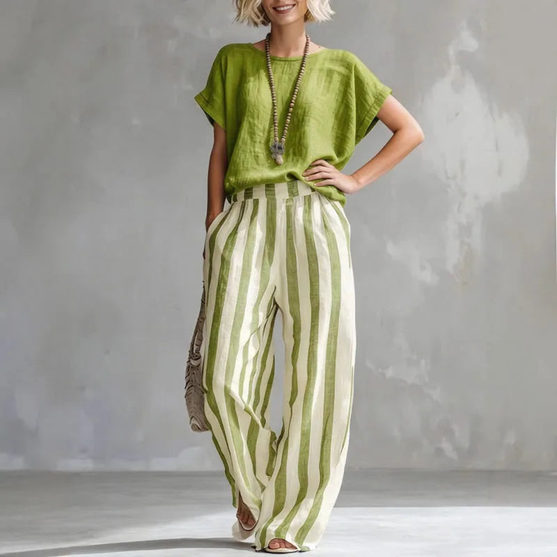 Women's Linen Boxy Top & Striped Wide-Leg Trouser Set