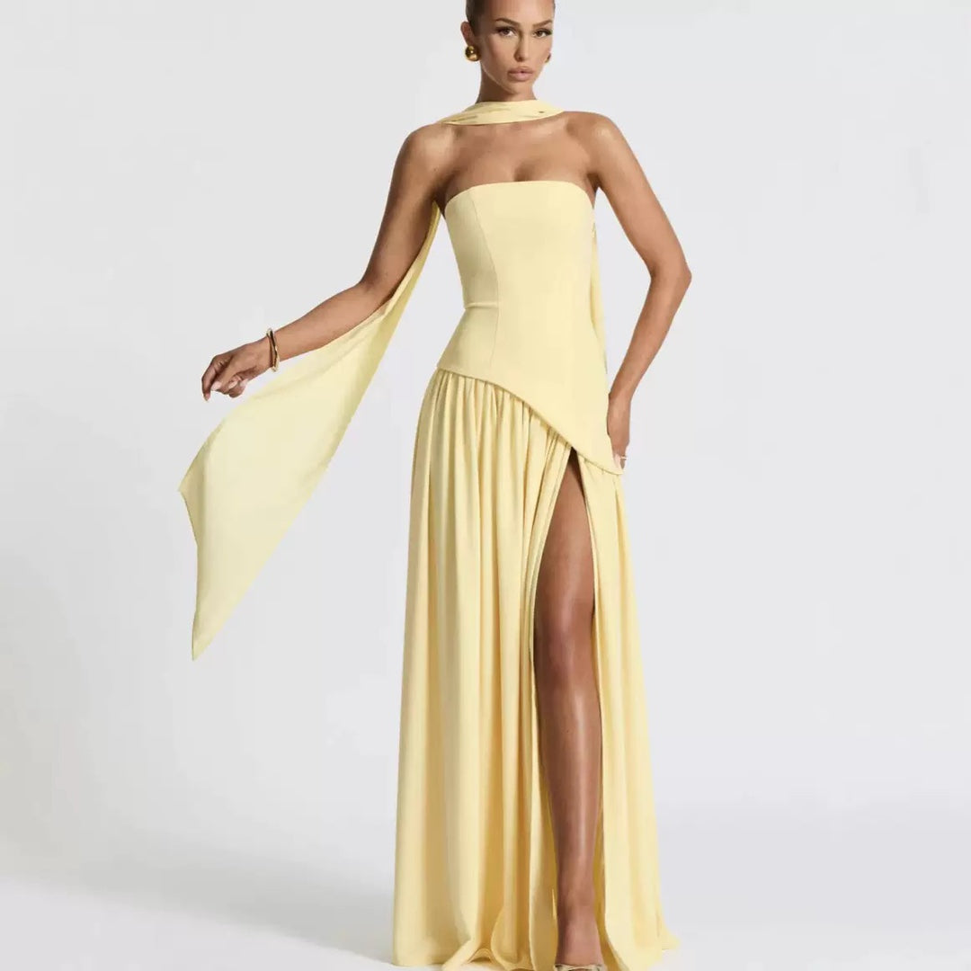 Women's Strapless Maxi Dress Leg Split Wedding Guest