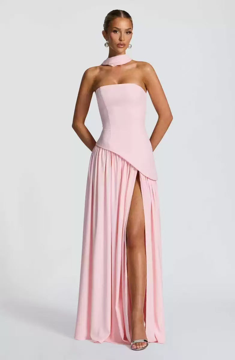 Women's Strapless Maxi Dress Leg Split Wedding Guest