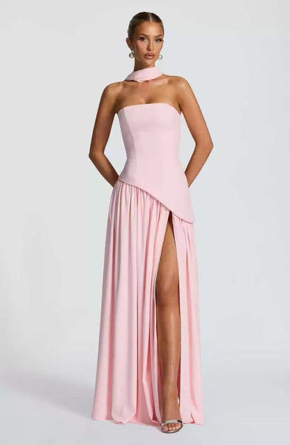 Women's Strapless Maxi Dress Leg Split Wedding Guest