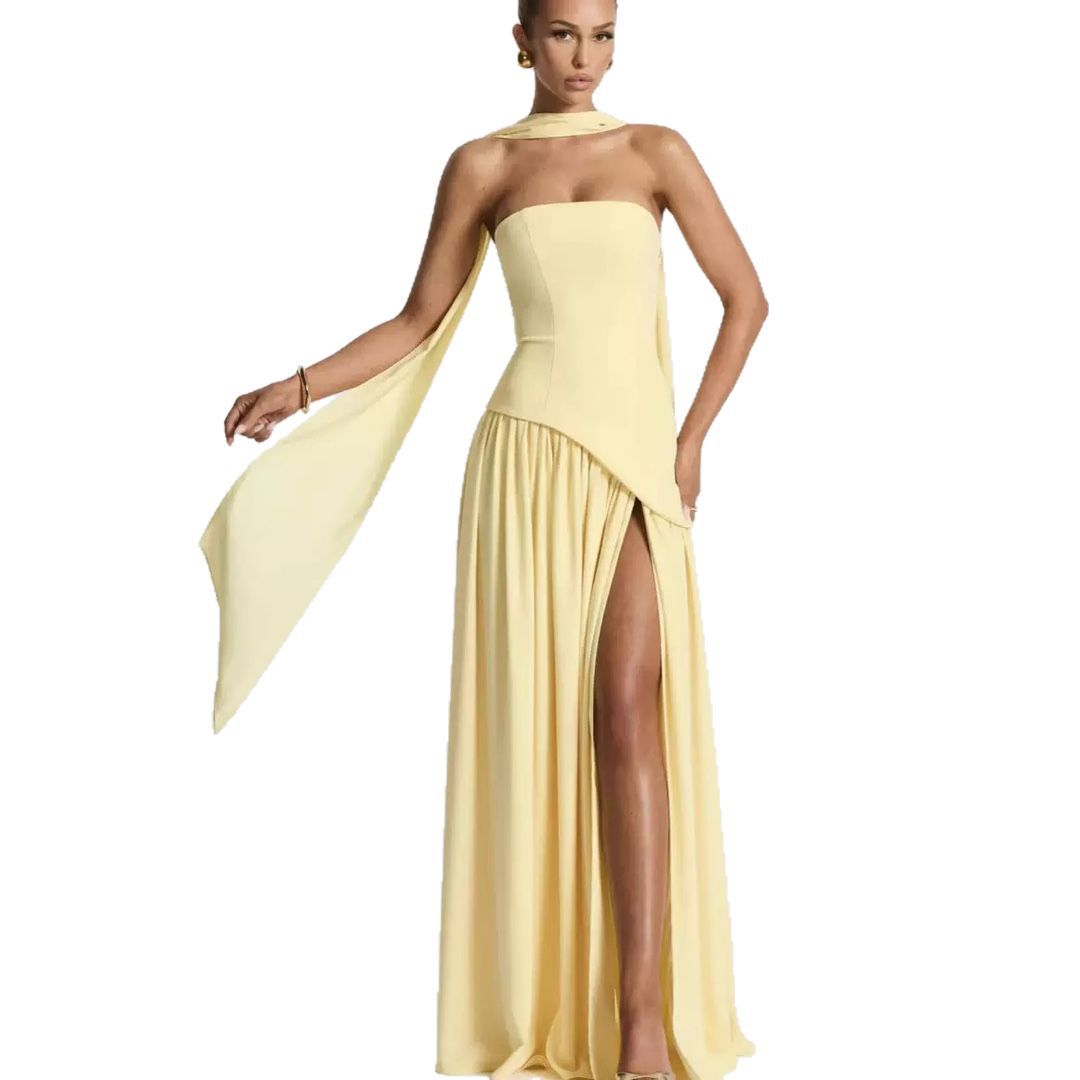 Women's Strapless Maxi Dress Leg Split Wedding Guest