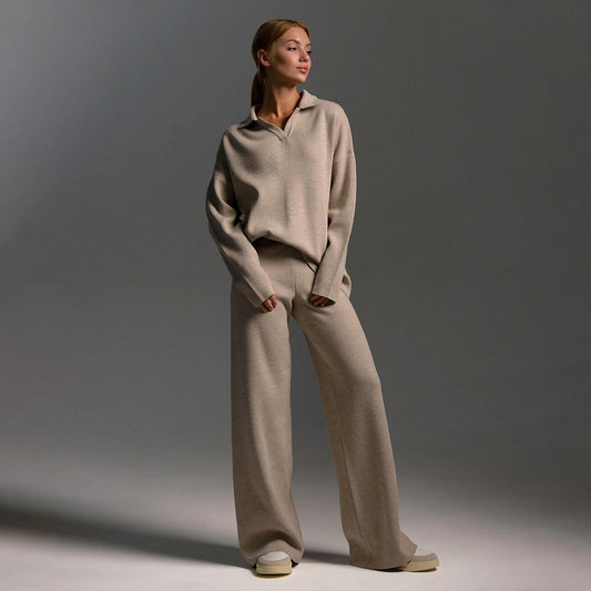 Women's Wide Leg Trousers Polo Shirt Set