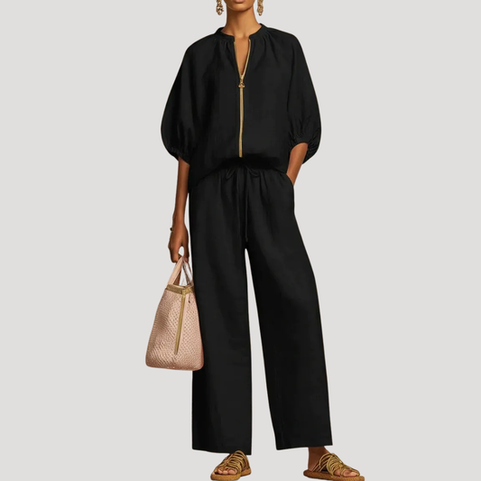 Women's Linen Balloon Sleeve Wide Leg Co-Ord Set