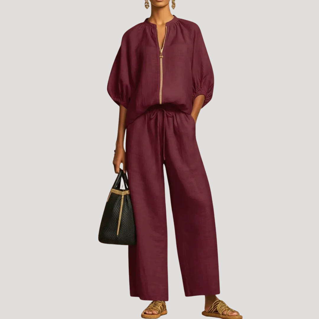 Women's Linen Balloon Sleeve Wide Leg Co-Ord Set