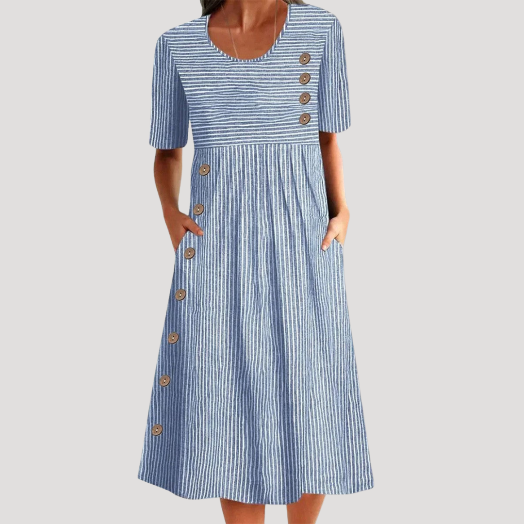 Women's Striped Linen Midi Dress Button Summer