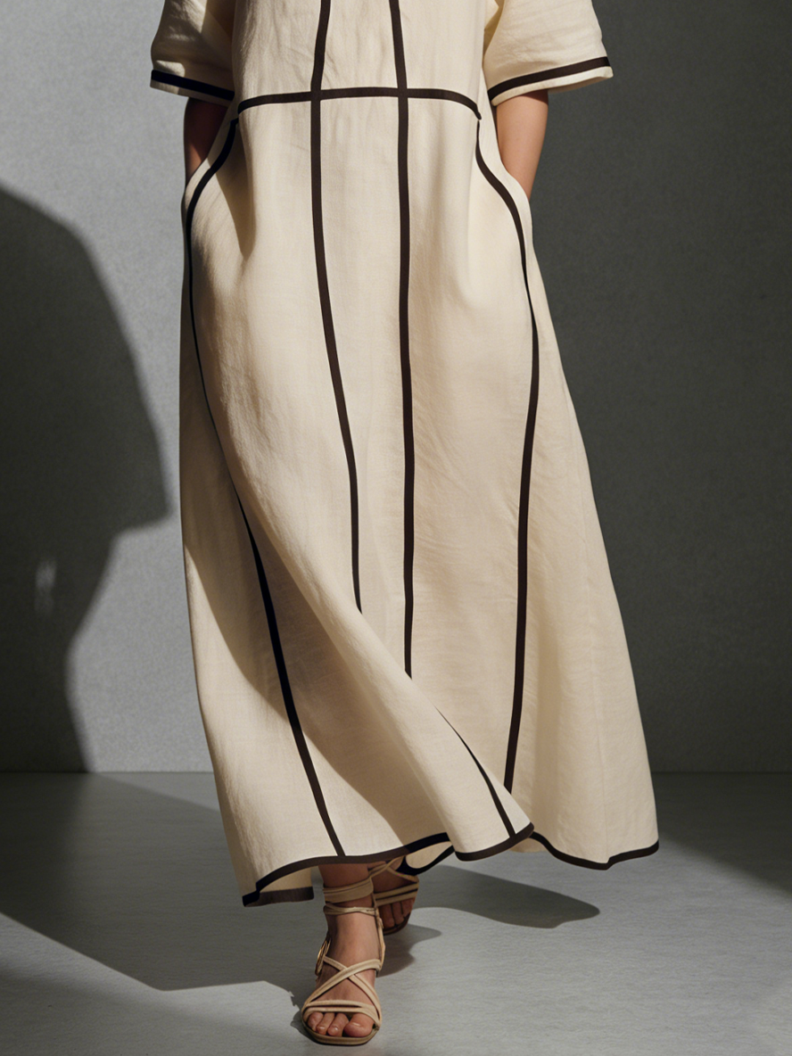 Women's Beige Linen Stand Collar Maxi Dress – ModClo