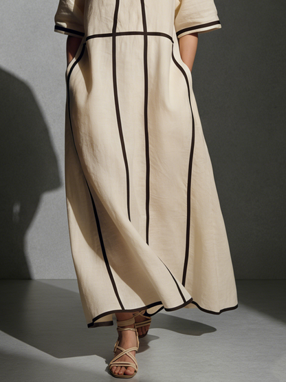 Women's Beige Linen Stand Collar Maxi Dress – ModClo