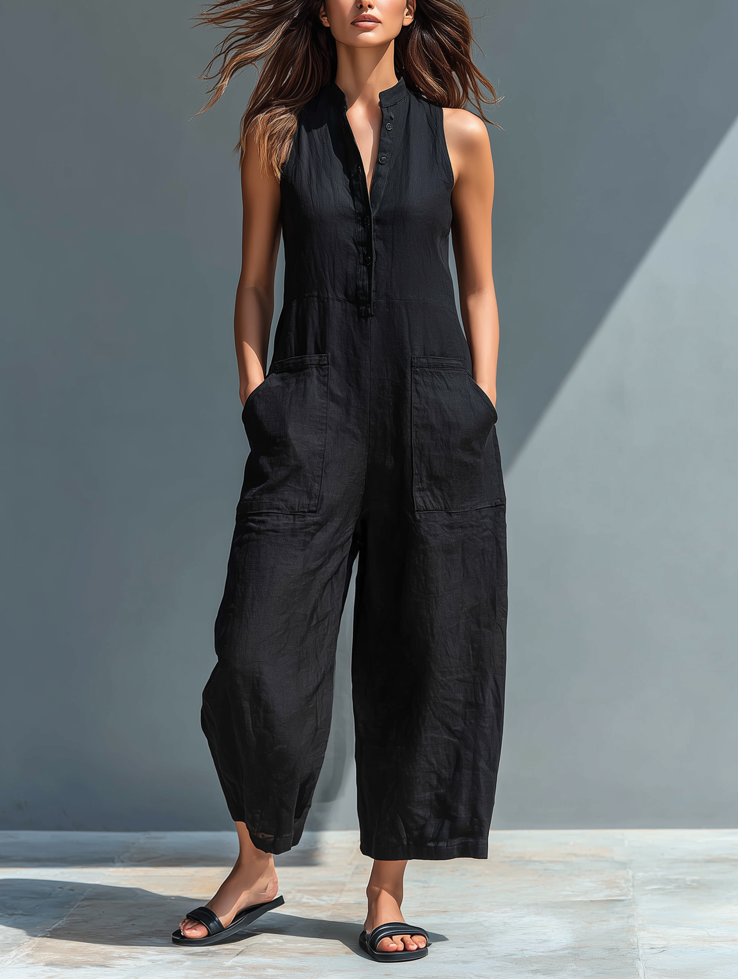Women's Linen Sleeveless Stand Collar Jumpsuit – ModClo