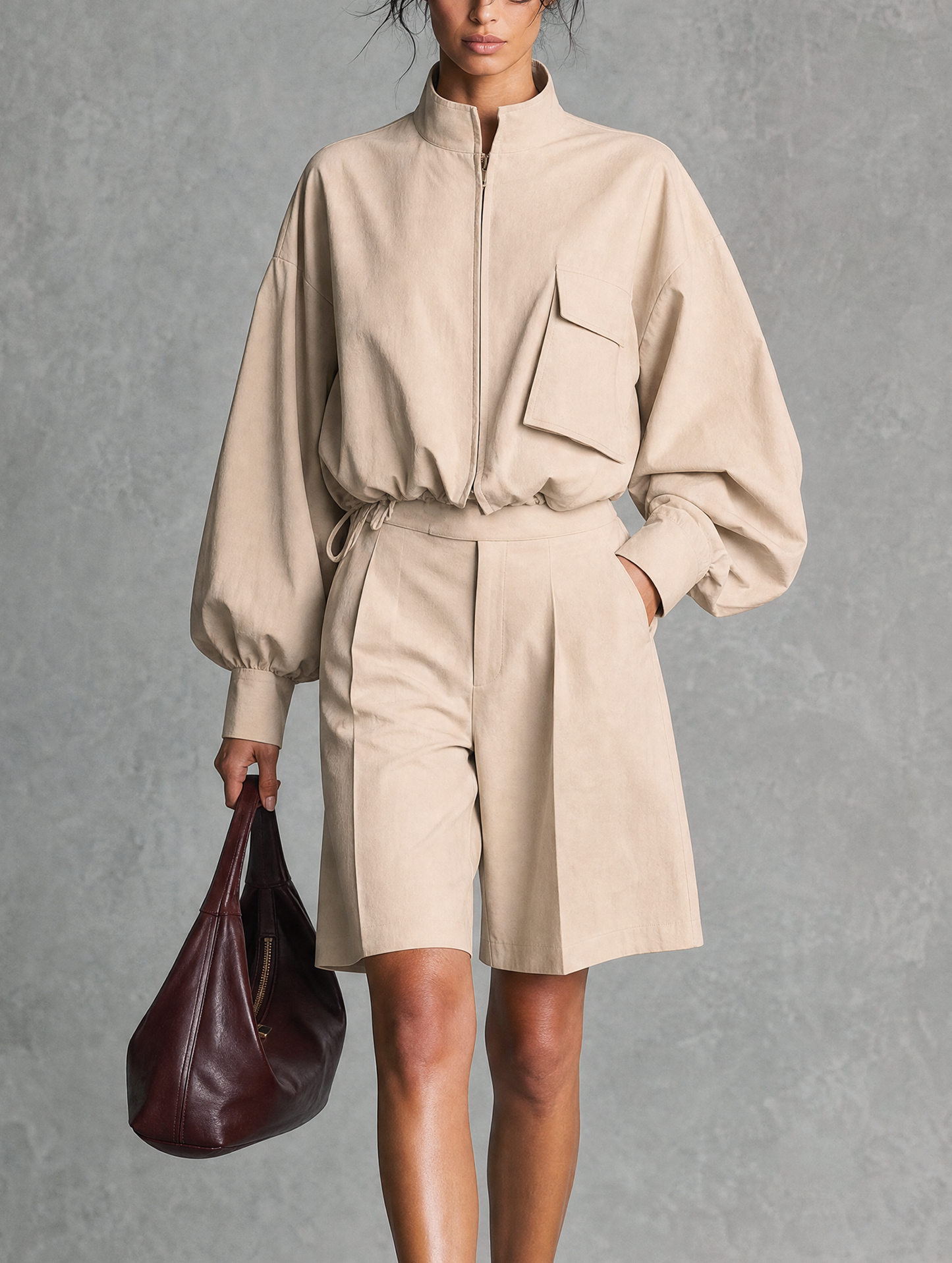 Women's Khaki Woven Long Sleeve Two-Piece Set – ModClo