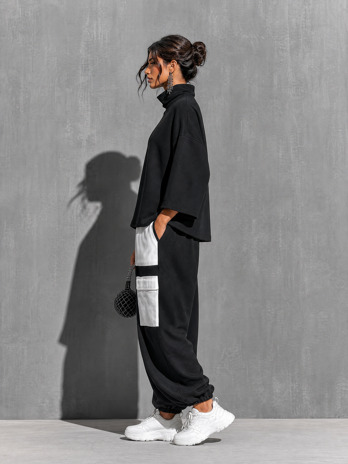Women's Black Cotton High Neck Oversized Set – ModClo