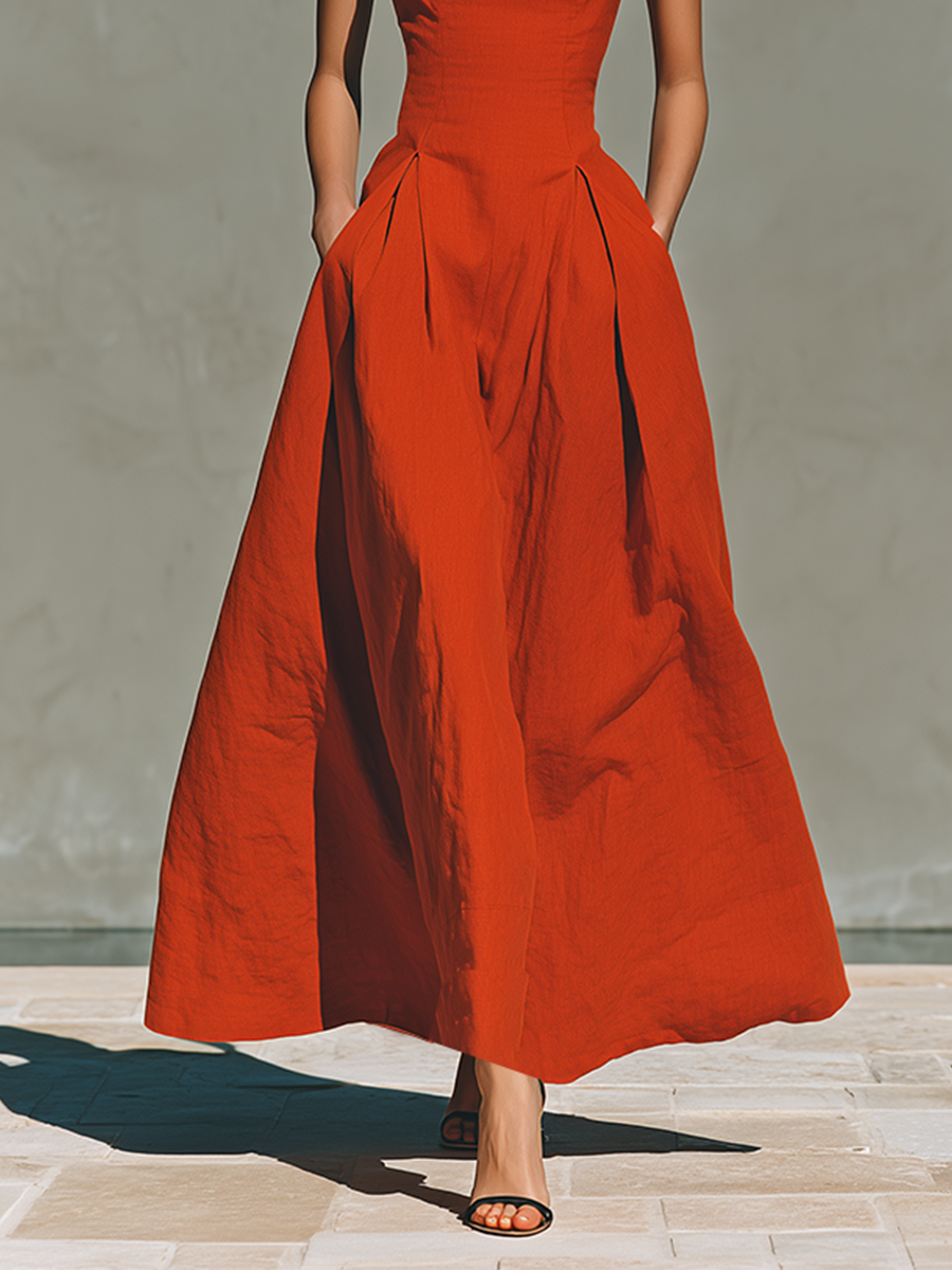 Women's Red Linen Halter Pleated Maxi Dress – ModClo