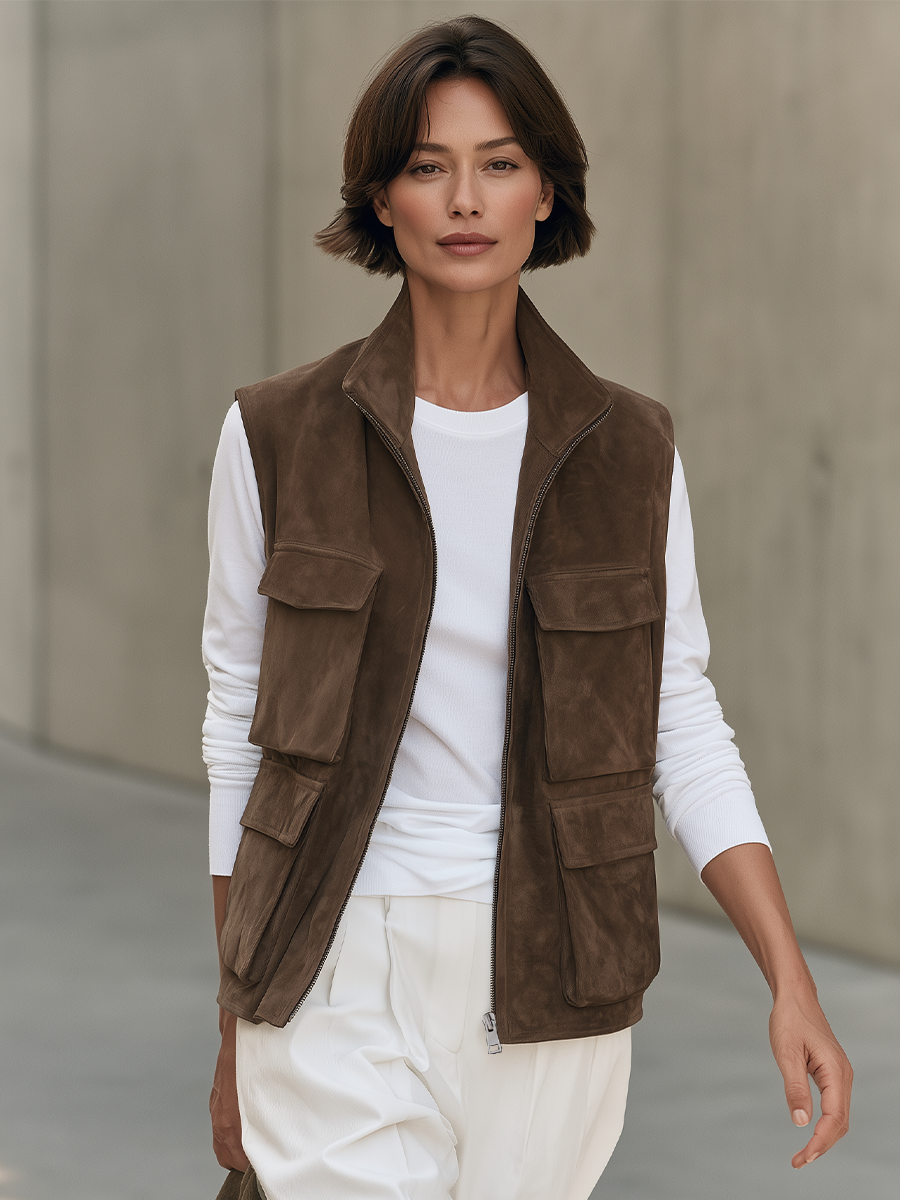 Women's Brown Utility Stand Collar Vest – ModClo