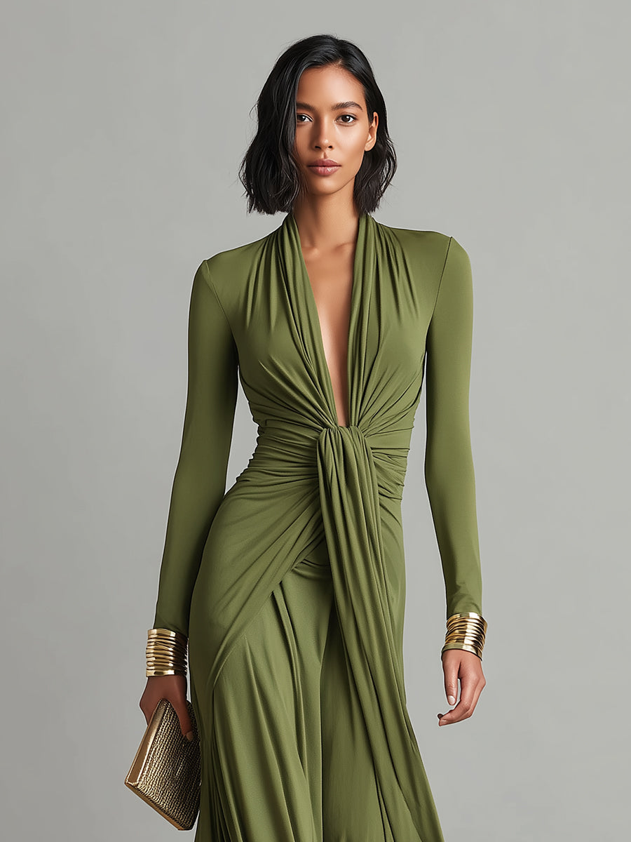 Women's Olive Silky Ruched Maxi Dress – ModClo