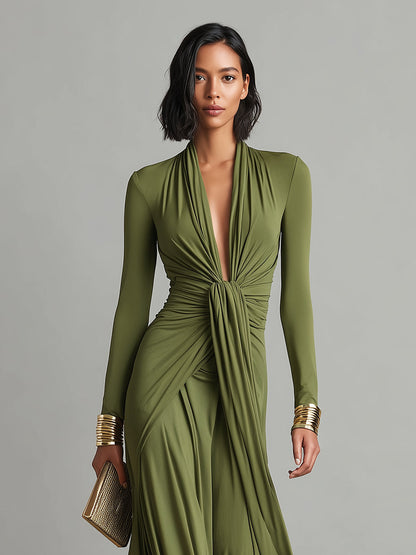 Women's Olive Silky Ruched Maxi Dress – ModClo