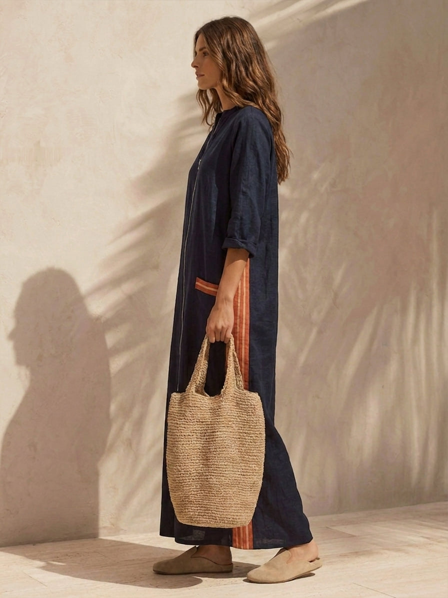 Women's Linen Stand Collar Maxi Dress – ModClo