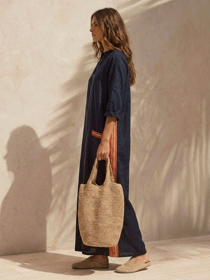 Women's Linen Stand Collar Maxi Dress – ModClo