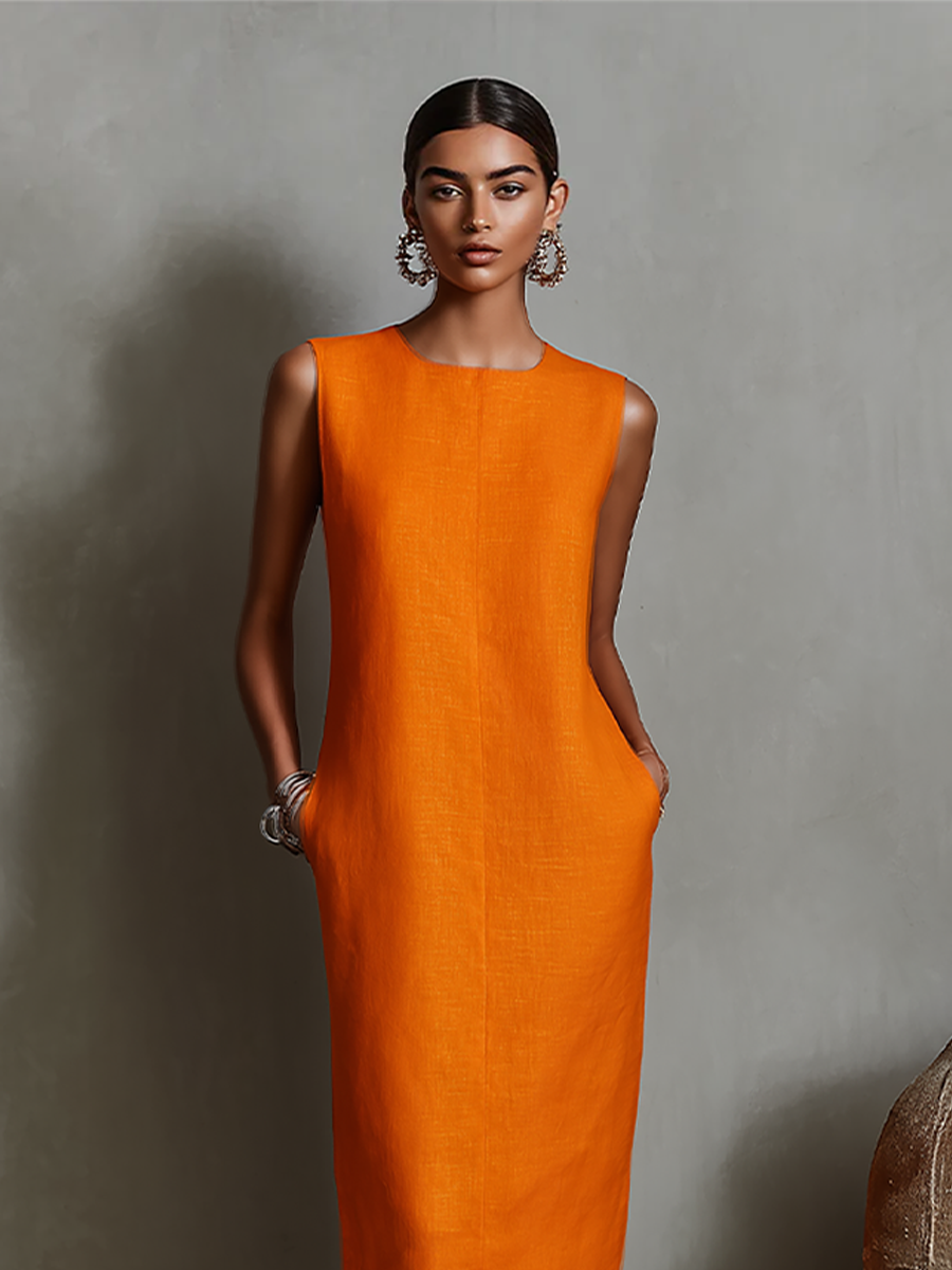 Women's Orange Linen Round Neck Sleeveless Dress – ModClo