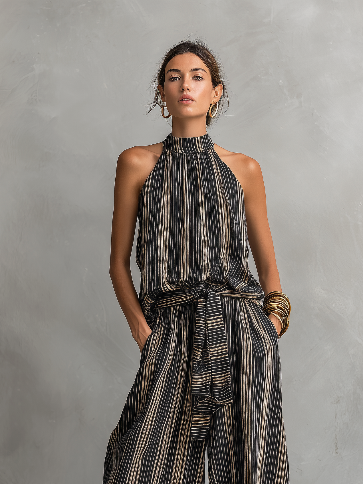 Women's Woven Round Neck Sleeveless Striped Set – ModClo