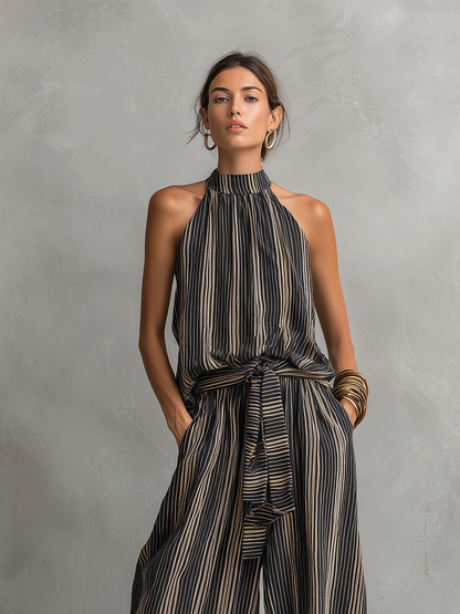 Women's Woven Round Neck Sleeveless Striped Set – ModClo