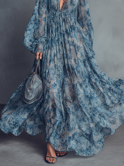 Women's Blue Chiffon Floral Print Maxi Dress – ModClo
