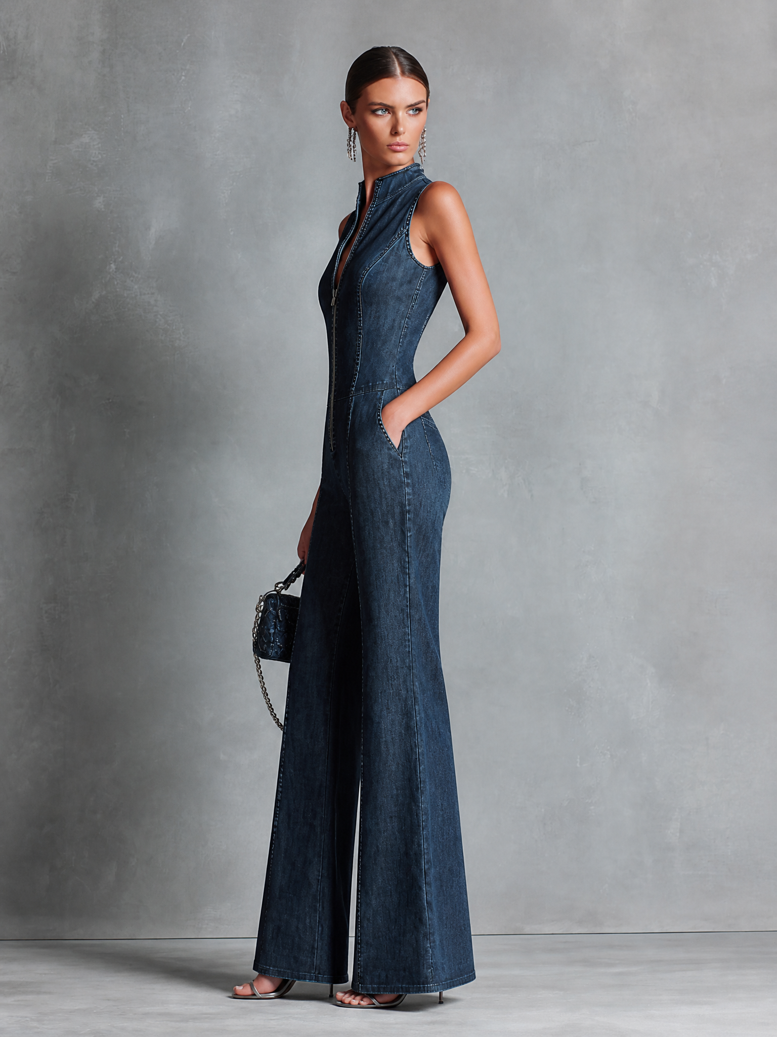Women's Blue Denim High Neck Sleeveless Jumpsuit – ModClo
