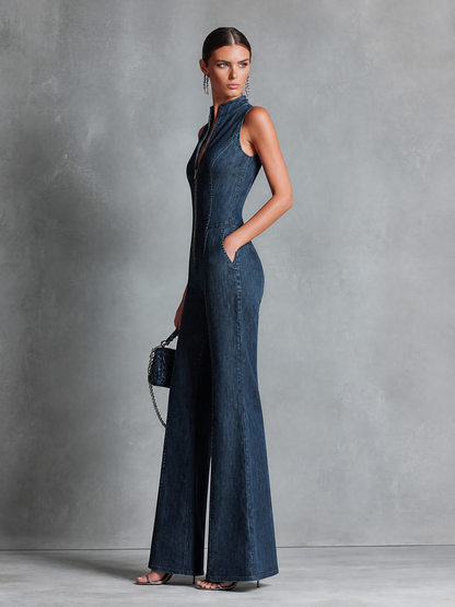 Women's Blue Denim High Neck Sleeveless Jumpsuit – ModClo