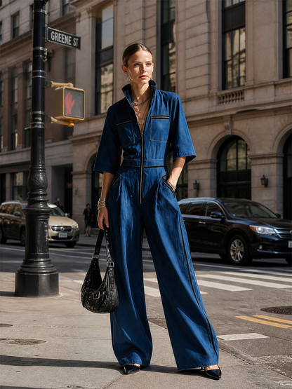 Women's Black Denim Short Sleeve Cargo Jumpsuit – ModClo