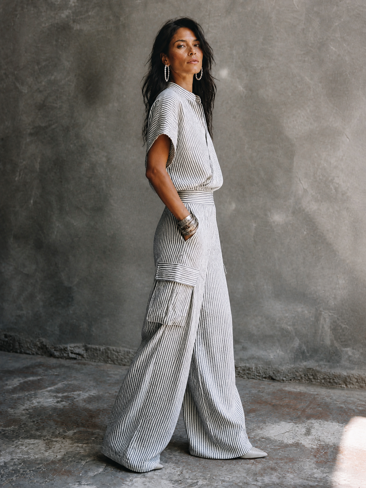 Women's White Cotton Wrap Striped Trouser Set – ModClo