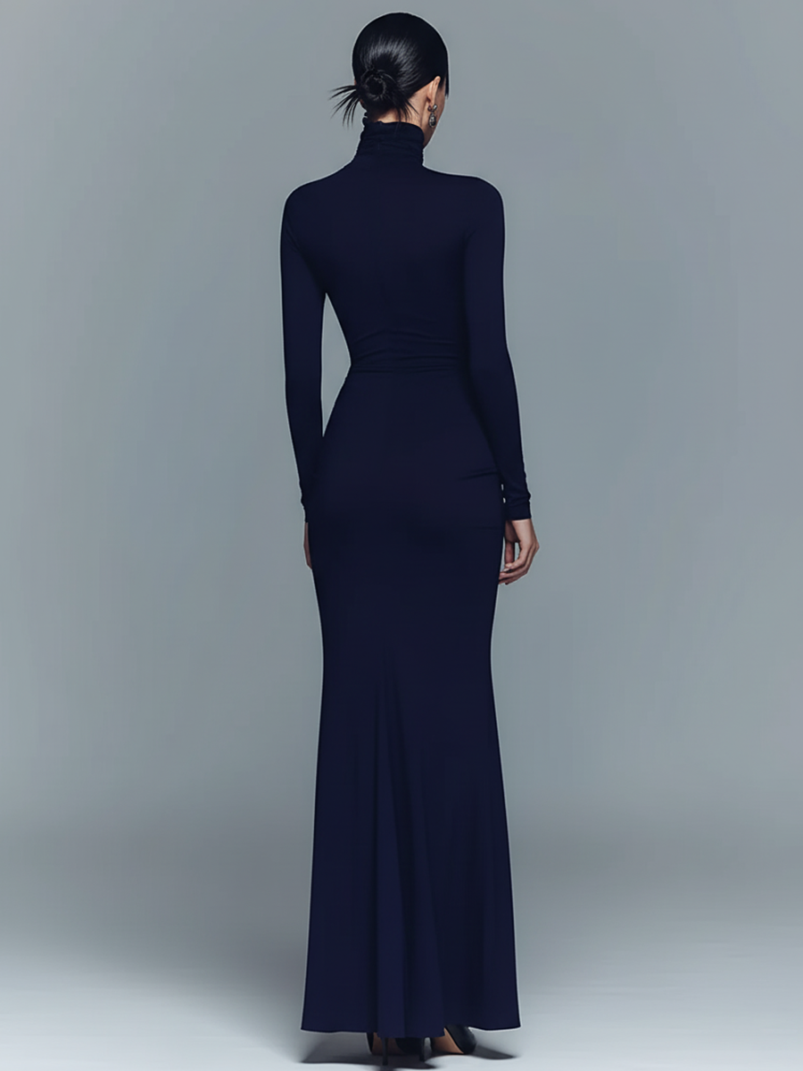 Women's Navy Cotton Turtleneck Maxi Dress – ModClo