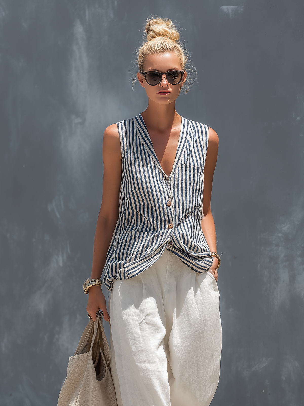Women's White Linen Sleeveless Striped Set – ModClo