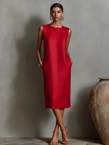 Women's Orange Linen Round Neck Sleeveless Dress – ModClo