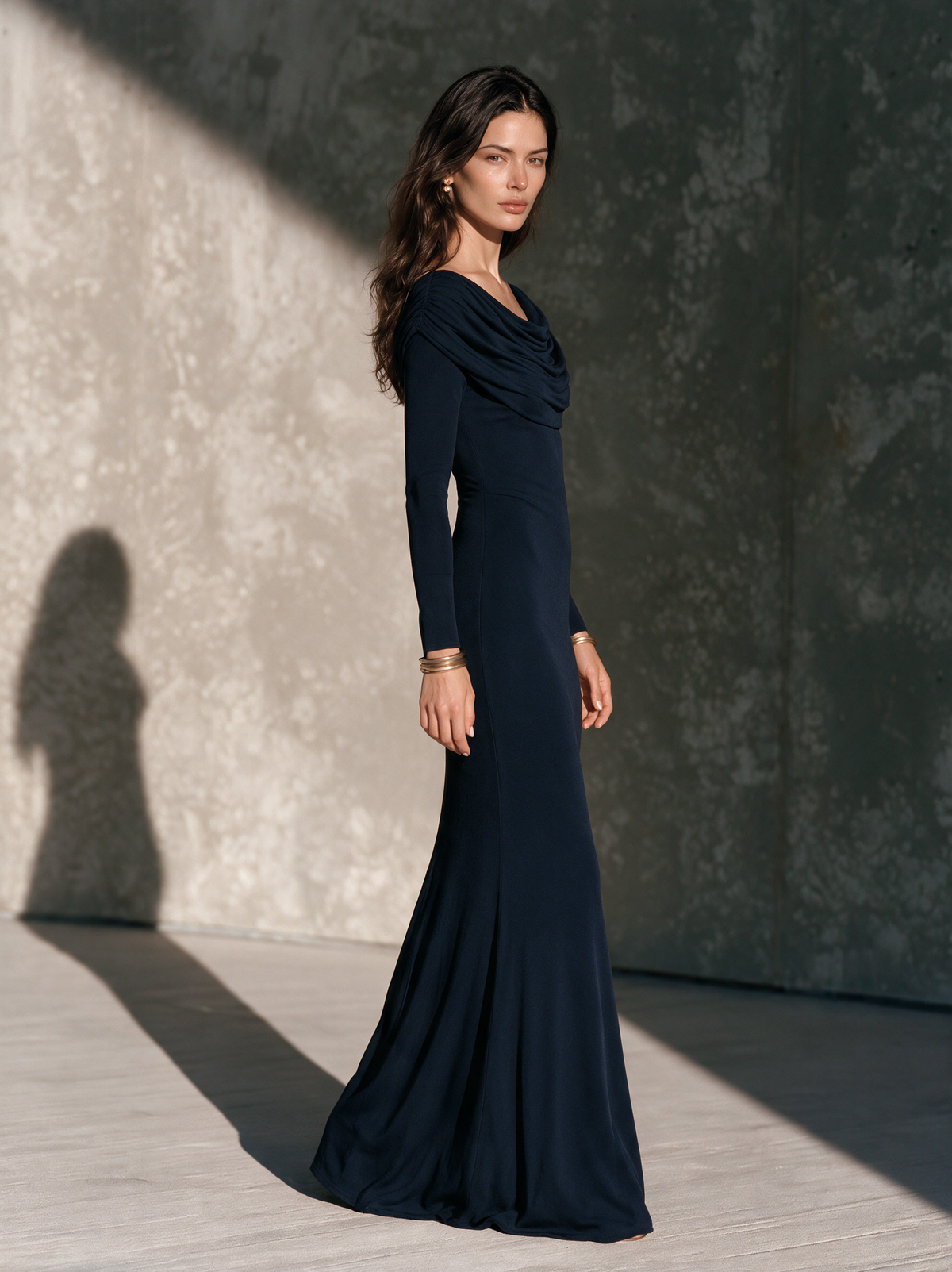 Women's Long-Sleeve Knit Maxi Dress with Ruched High Neck – ModClo