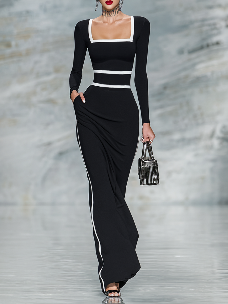 Women's Black Square Neck Long Sleeve Maxi Dress – ModClo