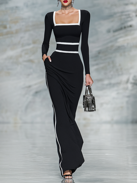 Women's Black Square Neck Long Sleeve Maxi Dress – ModClo