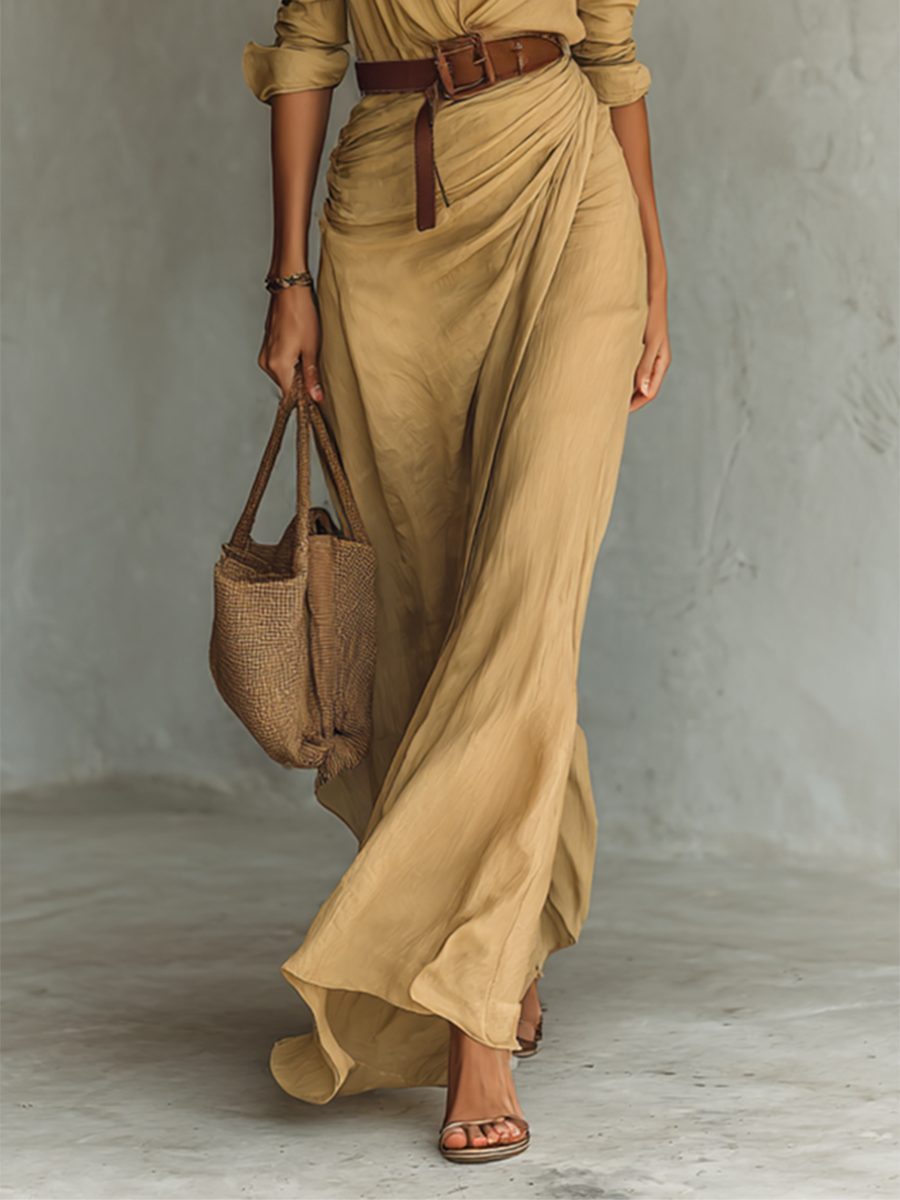 Women's Long Sleeve Belted Lapel Maxi Dress – ModClo
