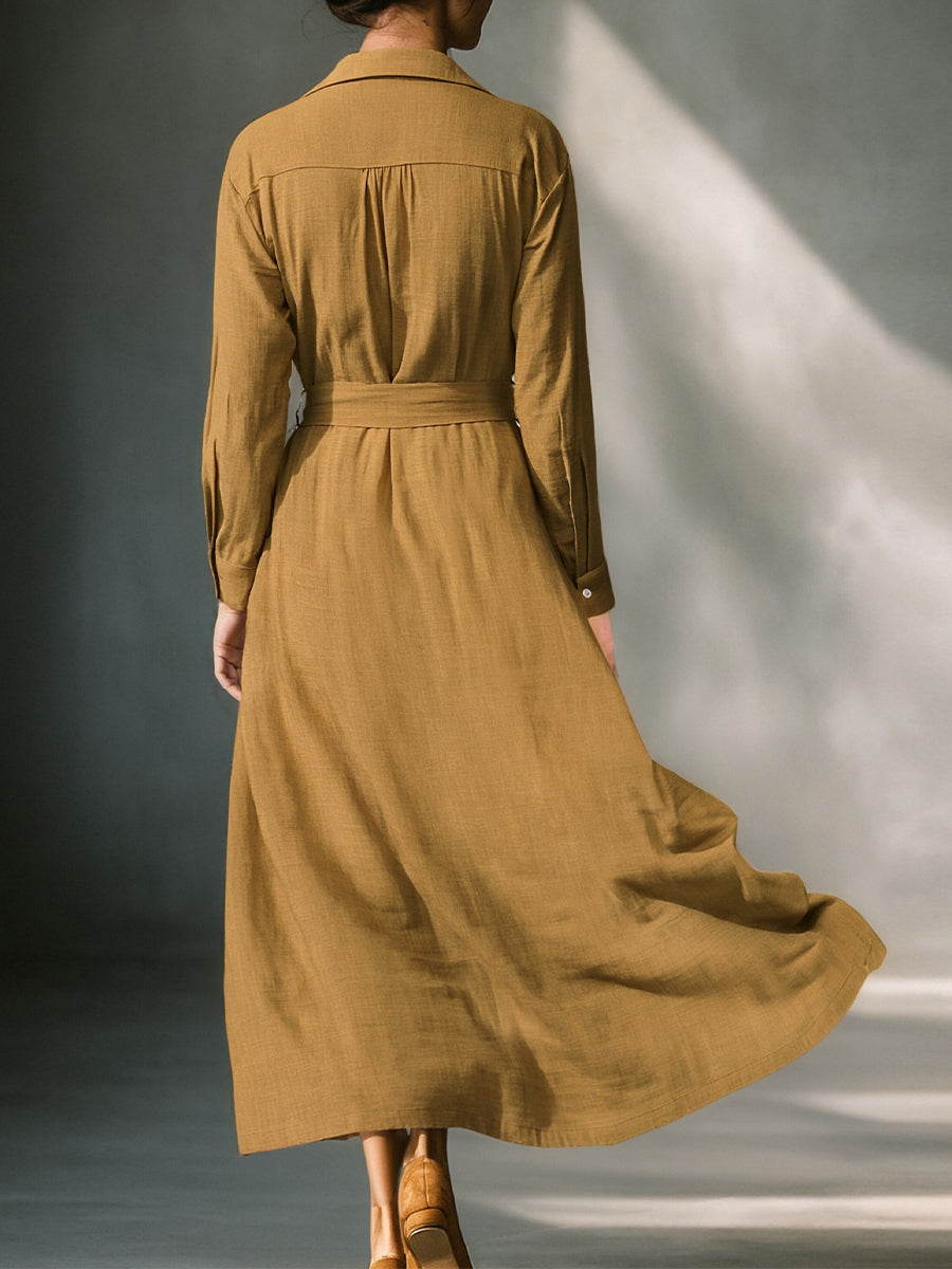 Women's Mustard Linen Belted Shirt Dress – ModClo
