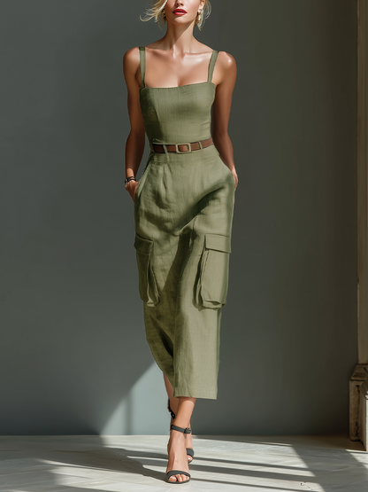 Women's Green Linen Sleeveless Belted Midi Dress – ModClo