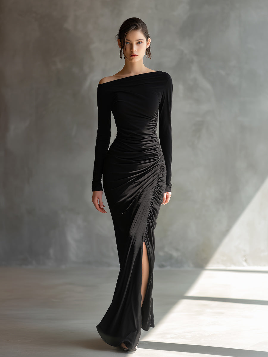 Women's Black Jersey Ruched Slit Maxi Dress – ModClo