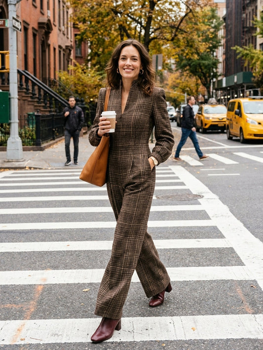 Women's Vintage Plaid Woolen Stand Collar Wide Leg Jumpsuit Long Sleeve Jumpsuit – ModClo