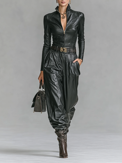 Women's Leather Zipper Slim Fit Stand Collar Trouser Set – ModClo