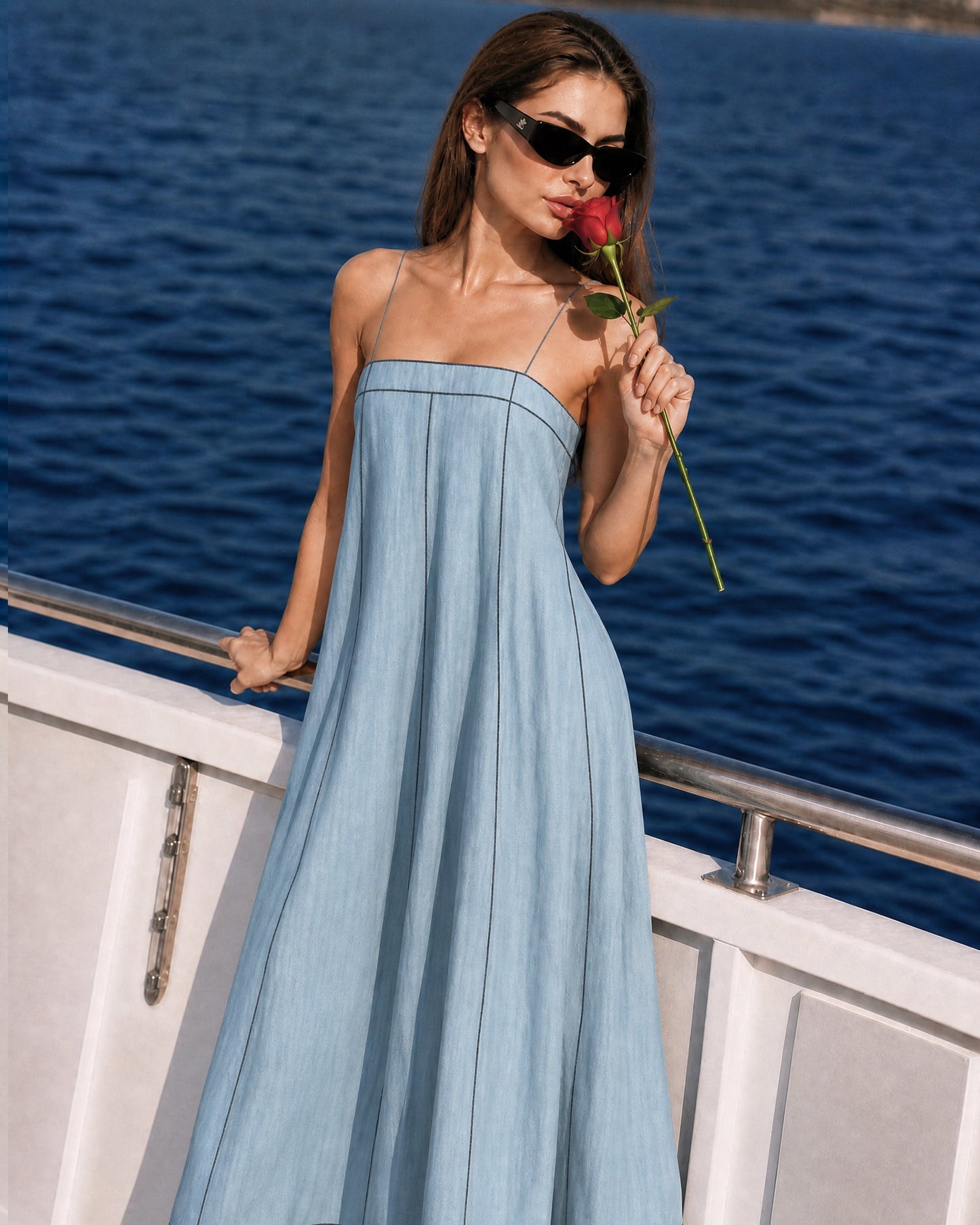 Women's Blue Linen Sleeveless Maxi Dress – ModClo