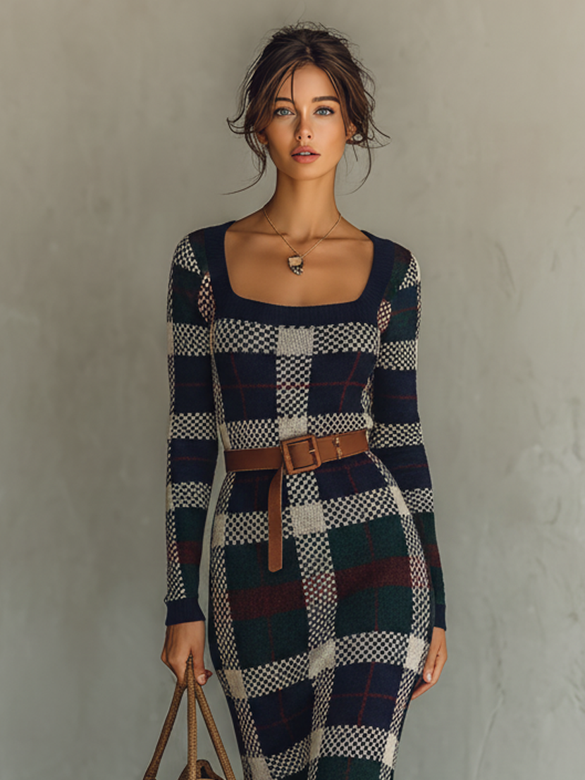 Women's Knit Square Neck Belted Check Maxi Dress – ModClo
