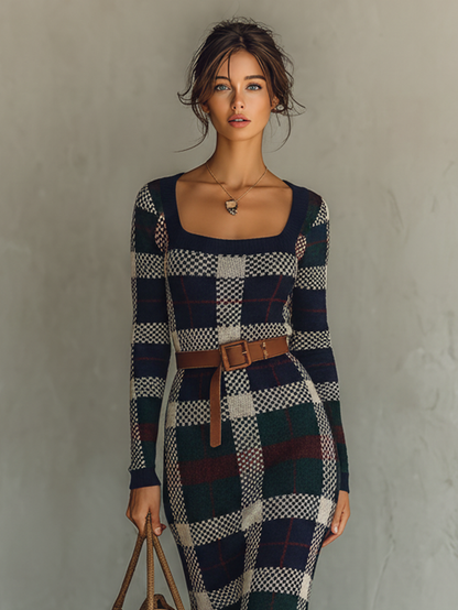 Women's Knit Square Neck Belted Check Maxi Dress – ModClo