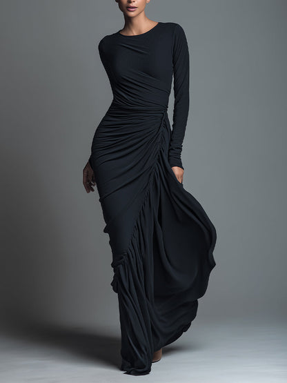 Women's Black Knit Ruched Maxi Dress – ModClo