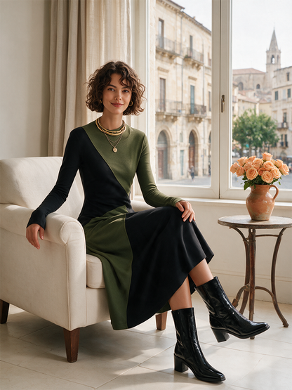 Women's Round Neck Long Sleeve Belted Midi Dress – ModClo